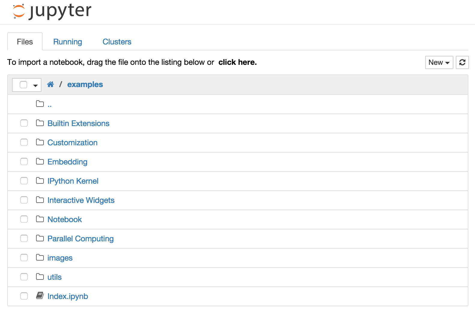 Jupyter dashboard showing files tab