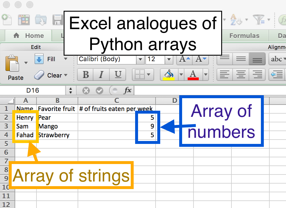 In Excel, columns of text are like array of strings for tables.  The same can be said about numbers (ints, floats) as well