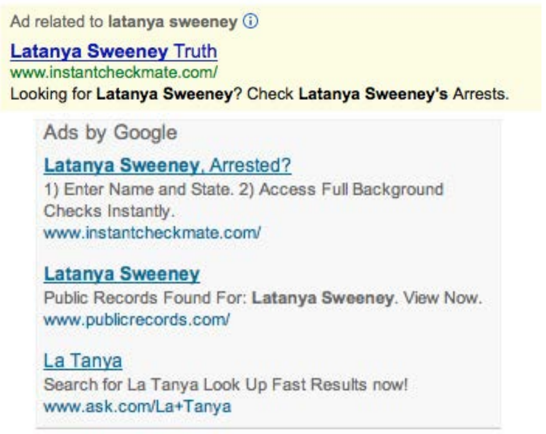 Screenshot of google search showing ads about Professor Latanya Sweeney's arrest record