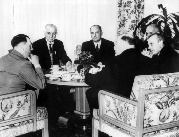 A picture of IBM CEO Tom Watson Sr. meeting with Adolf Hitler