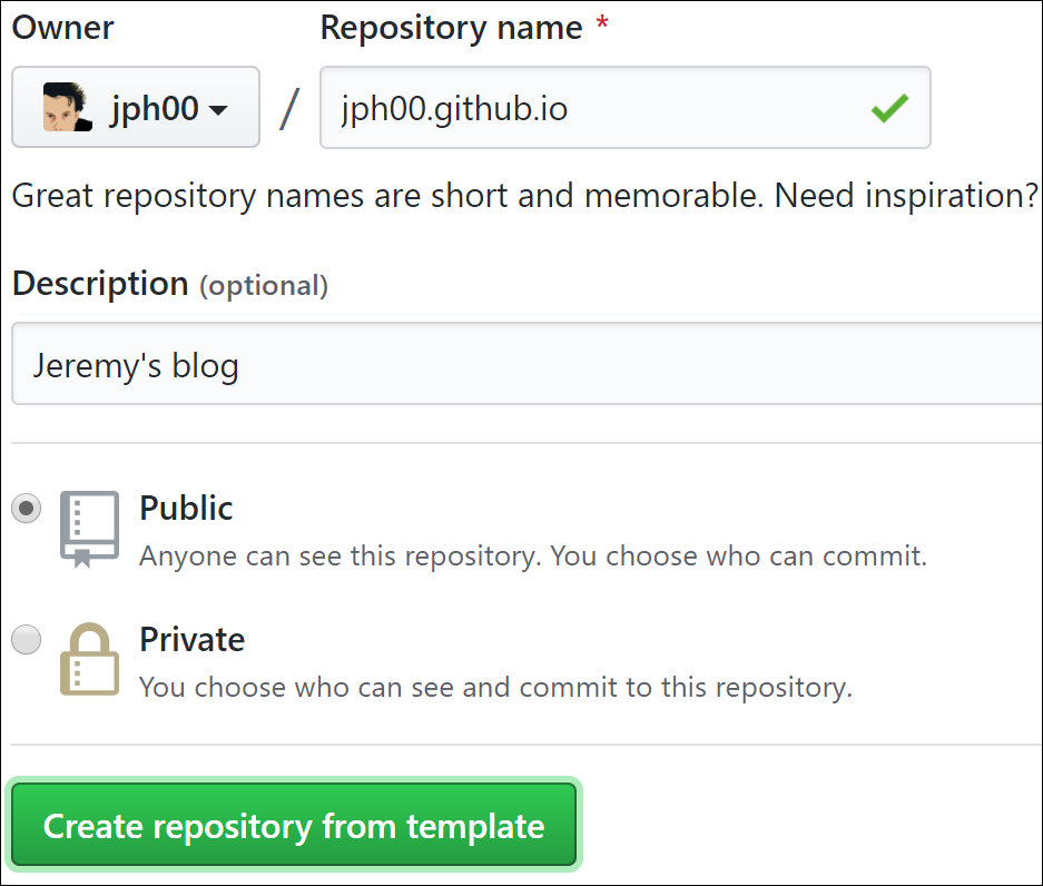 Screenshot of the GitHub page for creating a new repository