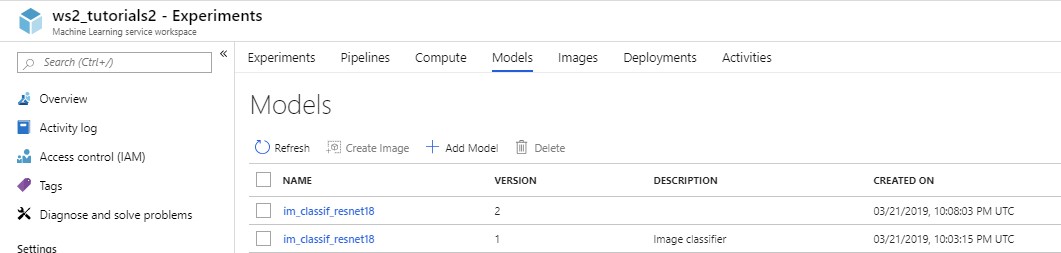 Azure portal view of the Models section