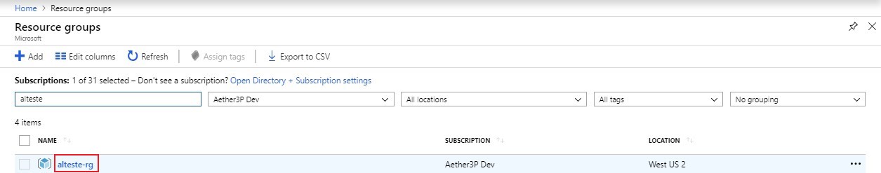 Azure portal view of resource group