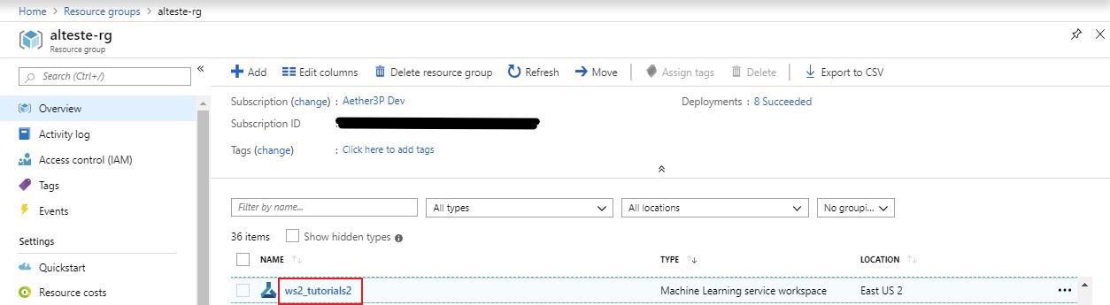 Azure portal view of workspace