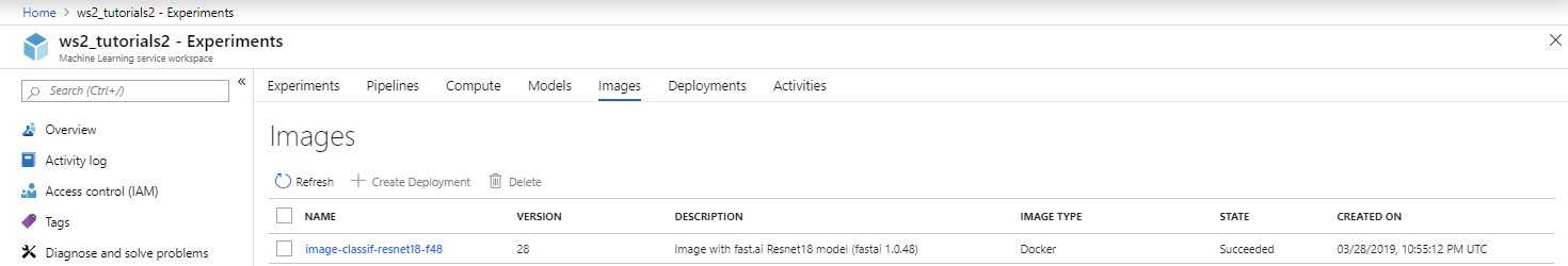 Azure portal view of the Images section