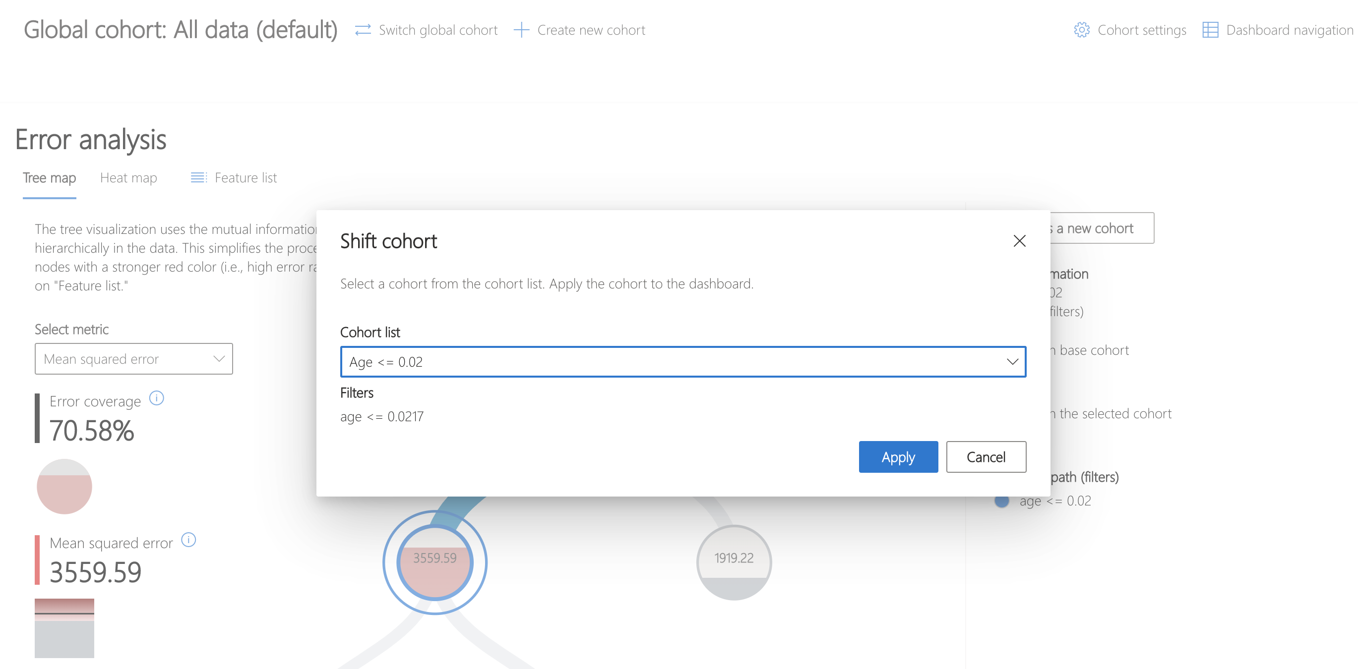 Popup with dropdown to shift cohort from "All data" to "Age <= 0.02" accompanied by cohort statistics