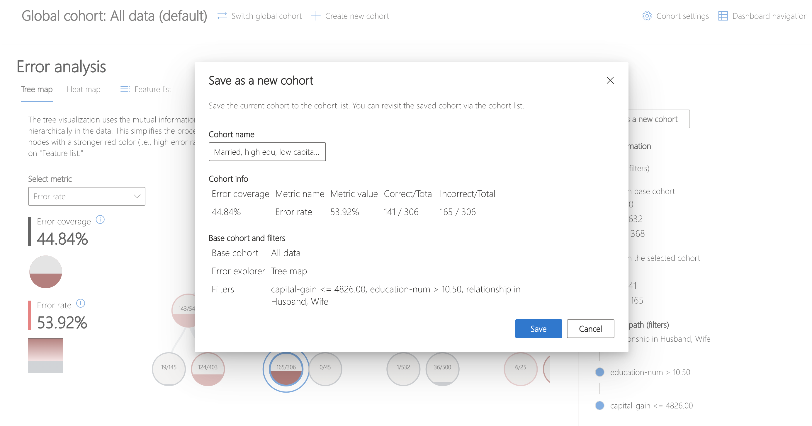 Cohort creation sidebar and tree map cohort creation popup